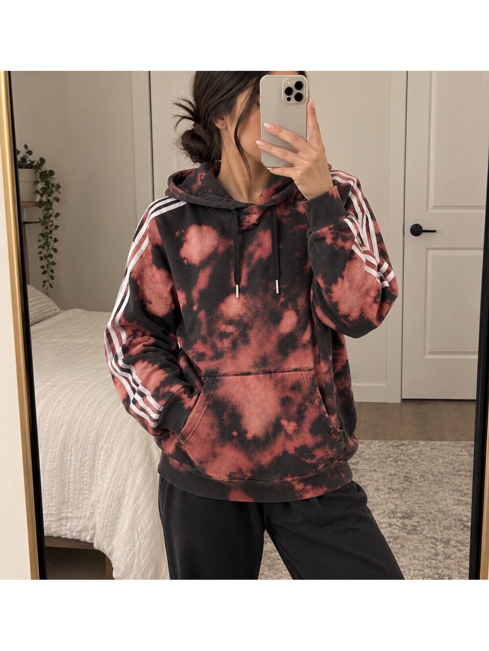 Adidas Tie-Dye Black and Red Hoodie with White Stripes